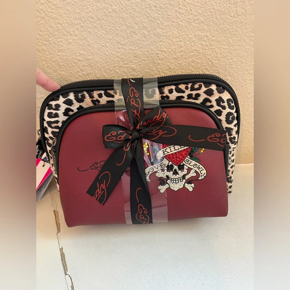 Ed Hardy Red and Leopard Cosmetic Makeup Bag Set